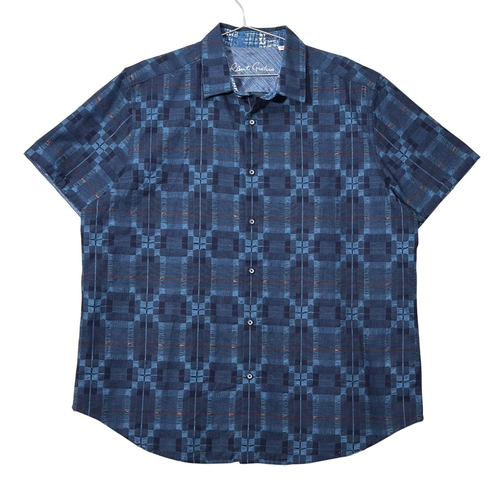 Robert Graham Aizome Shirt Mens 2XL Blue Plaid Geometric Textured Short Sleeve